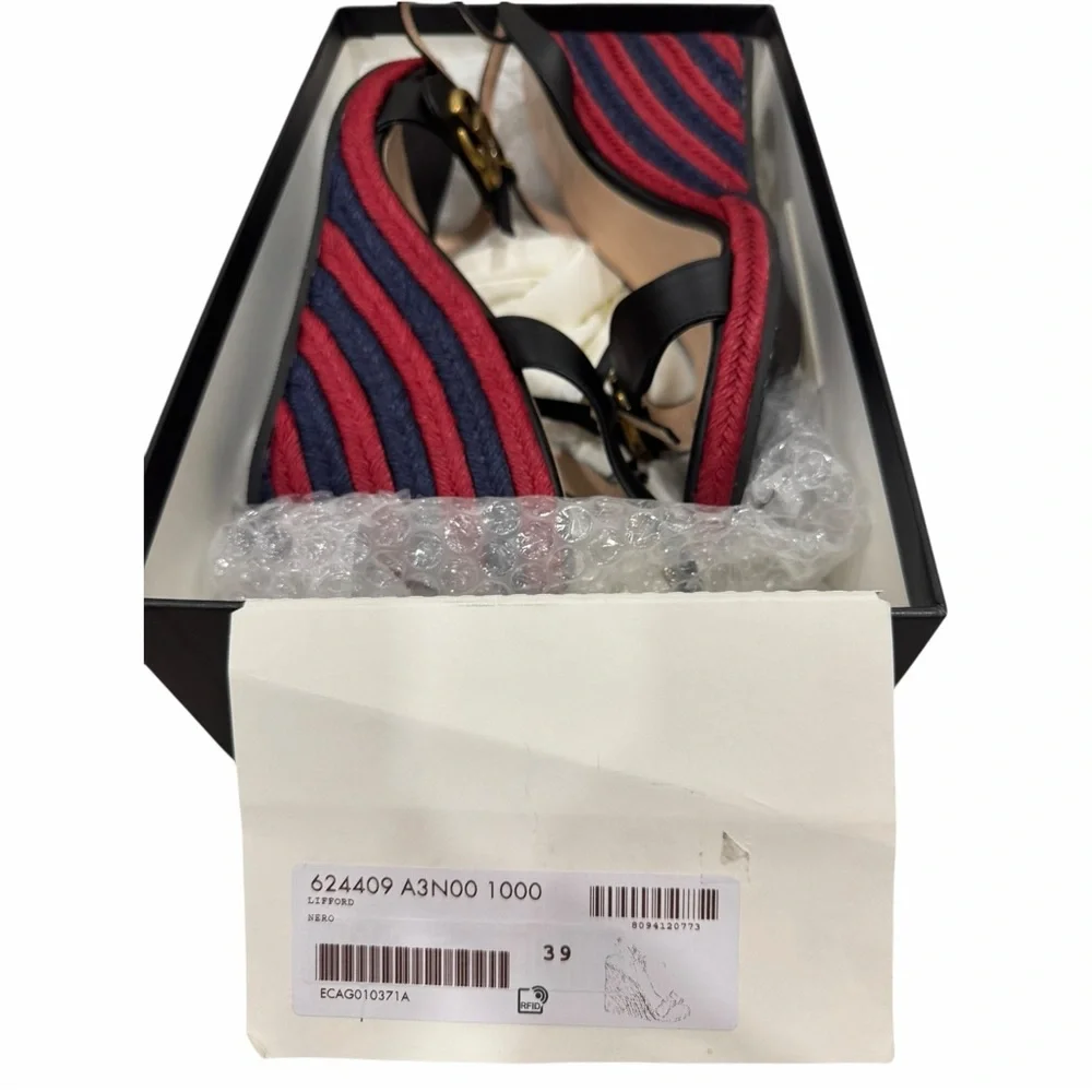 Gucci Lifford Espadrille Platform Sandals GG Marmont Black Red Blue Size 39 - Picture 8 of 10